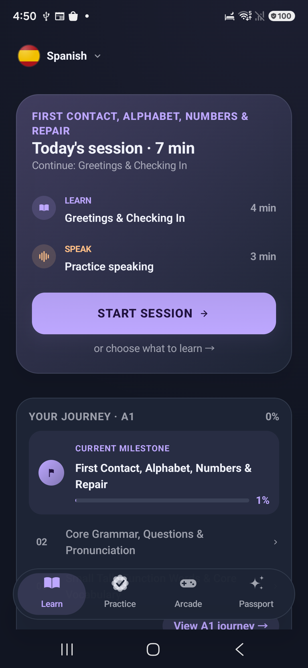 Loquus home showing a seven-minute Spanish session with learning and speaking practice.